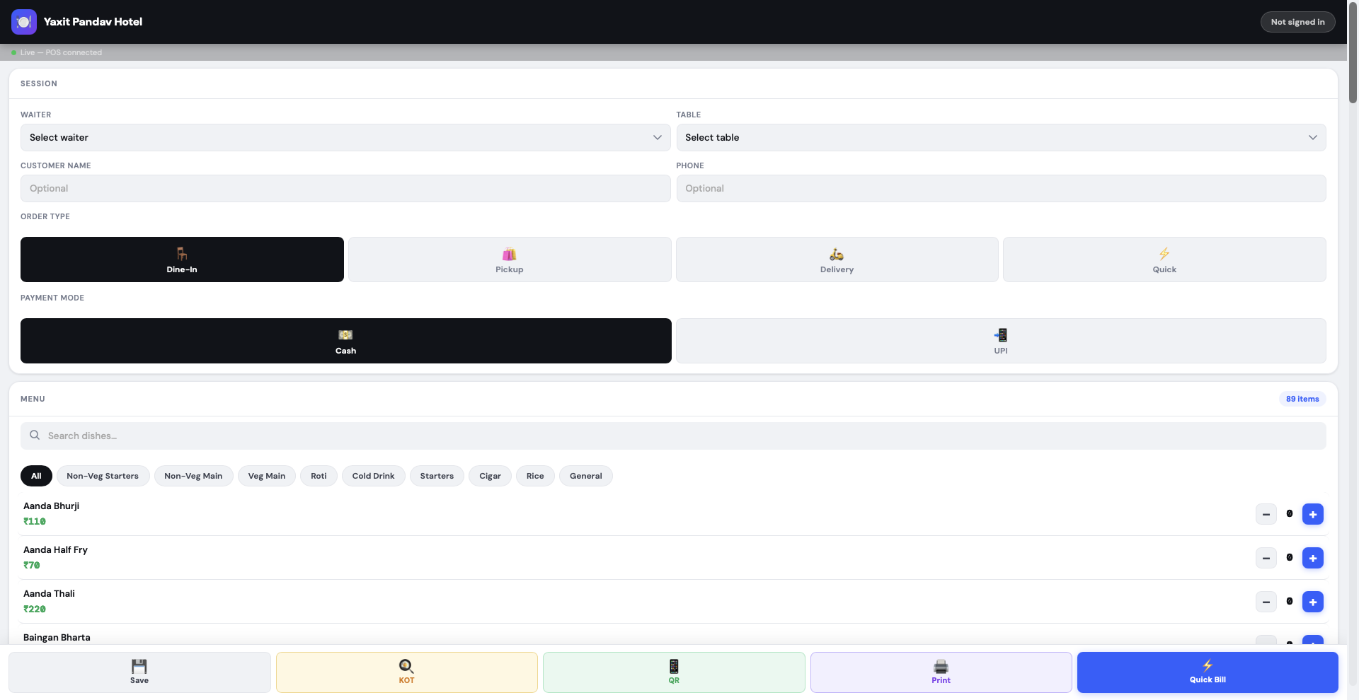 yBill AI Waiter Pad Session Selection